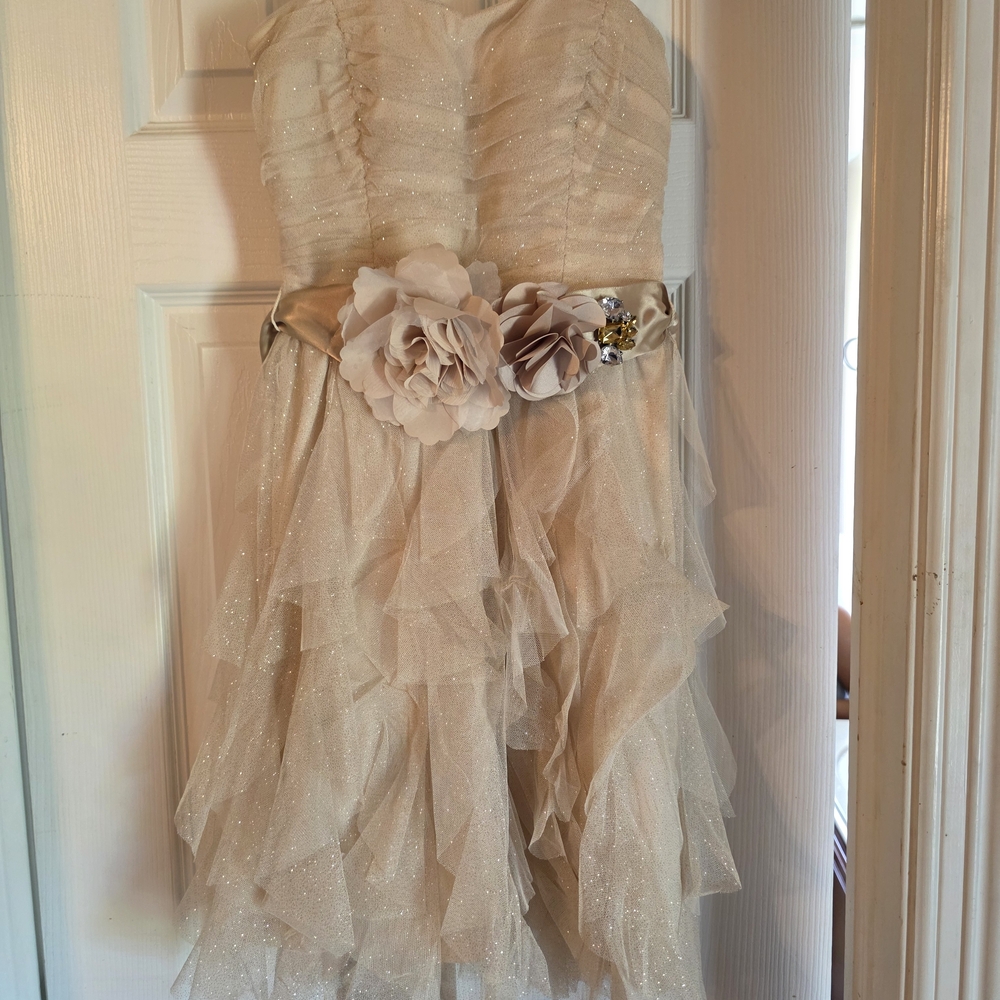 Teeze Me Strapless Cream Dress with Floral Accents